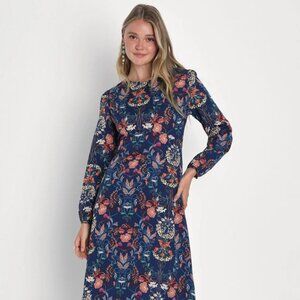 New! Lulus Garden Splendor Navy Blue Floral Print Long Sleeve Midi Dress